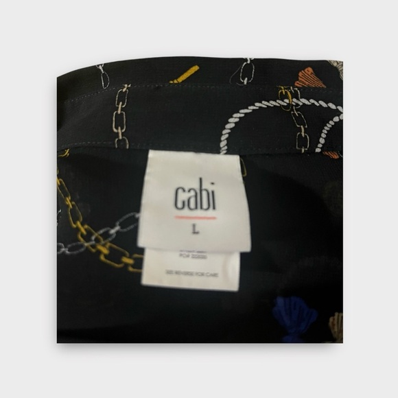 Cabi Womens Victoria Button Up Blouse Size L Sheer Chain Pearl Tassel Print - Picture 5 of 5